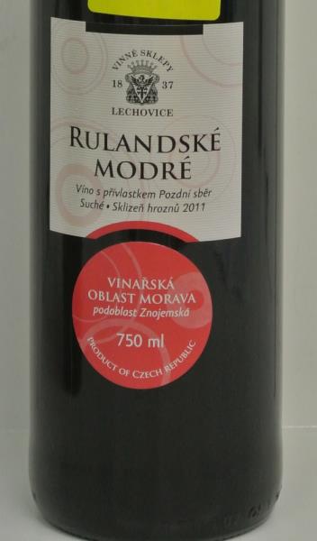 RULANDSKÉ MODRÉ - Víno s přívlastkem Pozdní sběr suché, sklizeň hroznů 2011, alk.12,5%obj.