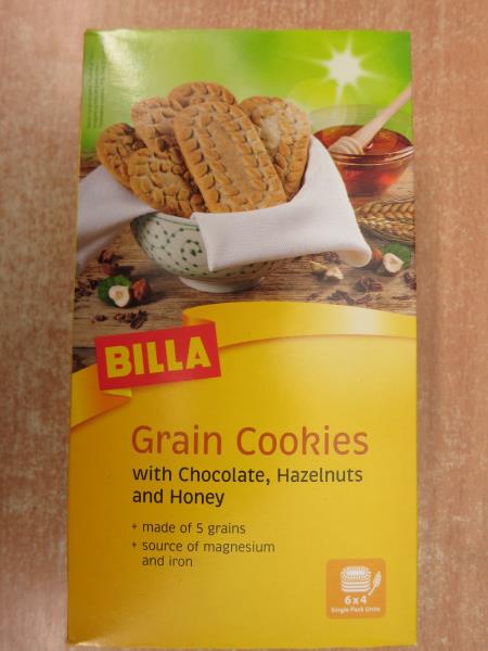 BILLA Grain Cookies OBILNÉ SUŠENKY S ČOKOLÁDOU, LÍSKOVÝMI OŘÍŠKY A MEDEM