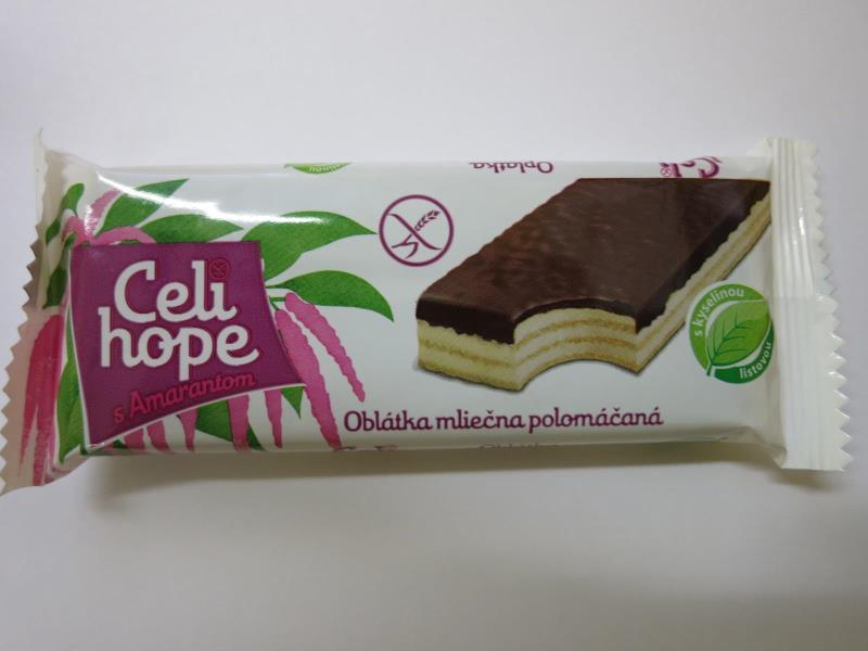 Celi hope s Amarantom Oblátka mliečna polomáčaná, hmotnost 35 g, Oplatka s krémovou mléčnou náplní (60%) polomáčená kakaovou polevou