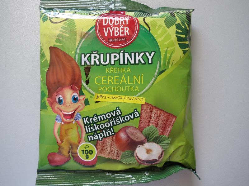 Dobrý výběr Křupínky křehká cereální pochoutka Krémová lískooříšková náplň! 100g