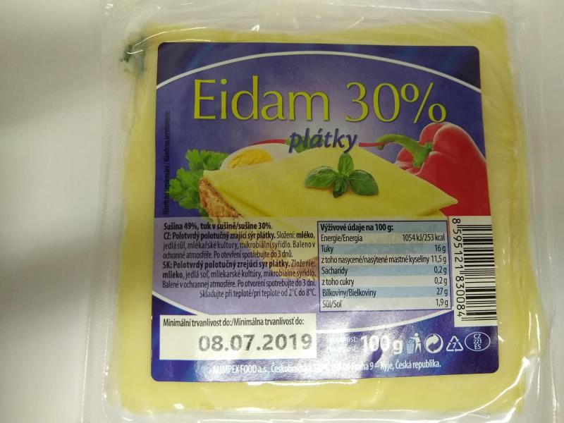 Eidam 30% plátky, Polotvrdý polotučný zrající sýr plátky.