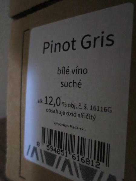 PINOT GRIS bílé víno, suché, č.š. 16116G. 