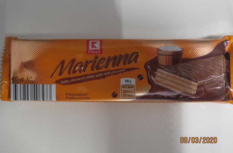 K Classic Marienna Toffee flavoured filling with milk chocolate Oplatky s náplní s příchutí toffee (50%) máčené v mléčné čokoládě (29%)