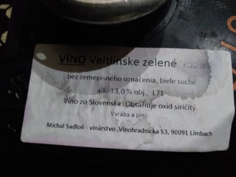 Veltlínske zelené, víno suché, alk. 13,0 % obj., víno bez CHZO/CHOP, země původu Slovensko