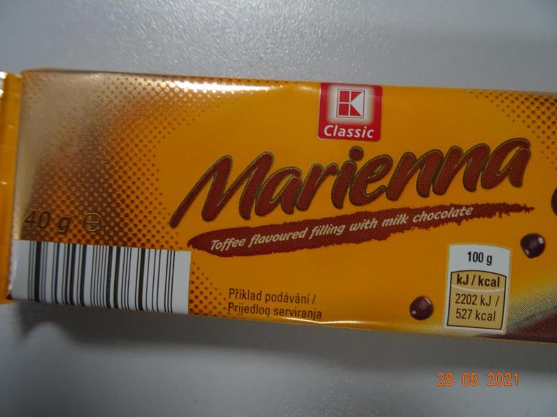 K Classic Marienna Toffee flavoured filling with milk chocolate Oplatky s náplní s příchutí toffee (50%) máčené v mléčné čokoládě (29%)