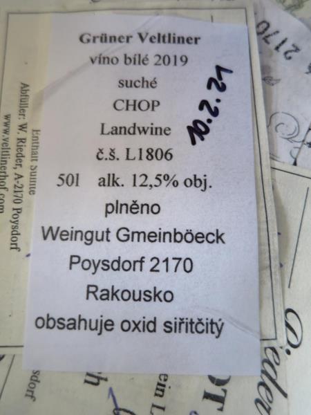 Grüner Veltliner, víno bílé, 2019, suché, alk. 12,5 % obj., země původu Rakousko