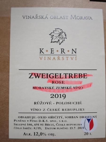 Zweigeltrebe rosé, polosuché, č.š. 8/19, alk. 12% obj., MZV