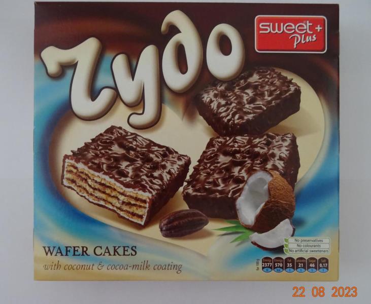 Rydo WAFER CAKES with coconut & cocoa-milk coating, Vaflový dort s kakaovým krémem (30,4%), kokosové lupínky (6%), pokrytý kakaovou polevou (31%) 