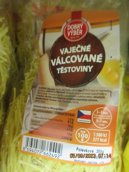 DOBRÝ VÝBĚR – VAJEČNÉ VÁLCOVANÉ TĚSTOVINY – Polévkové 350 g