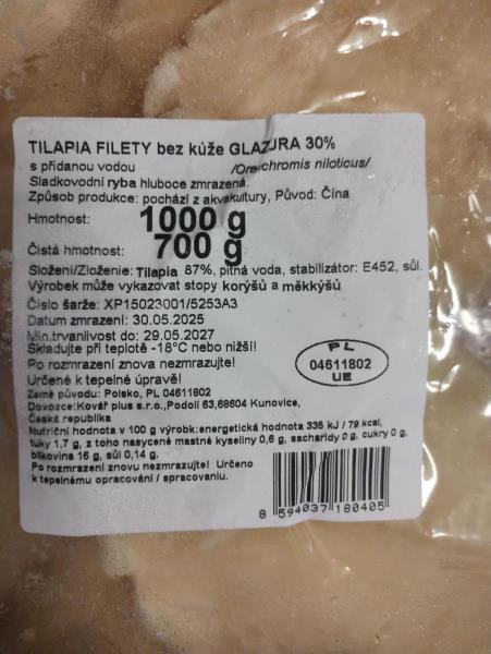 Tilapia filety bez kůže glazura 30%