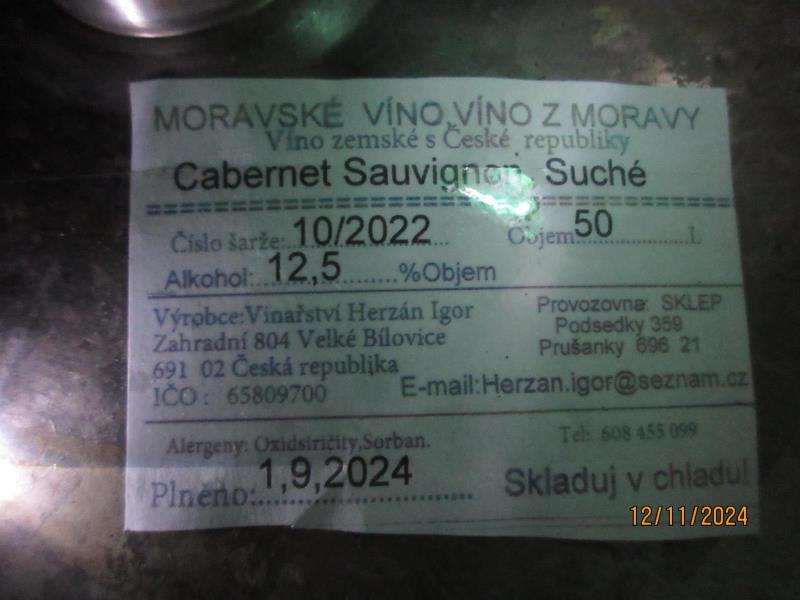 Cabernet Sauvignon, Suché, MORAVSKÉ VÍNO, Víno zemské s České republiky